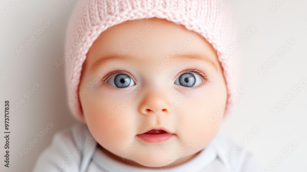 Innocence Captured: Close-up of a Curious Baby with Wide Eyes in Pink Bonnet Innocence Captured: Close-up of a Curious Baby with Wide Eyes in Pink Bonnet