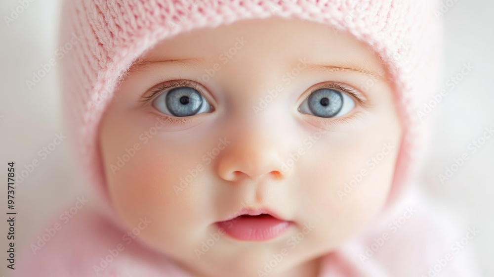 Innocence Captured - Close-up of a Curious Baby with Wide Eyes in Pale Pink Bonnet Innocence Captured - Close-up of a Curious Baby with Wide Eyes in Pale Pink Bonnet