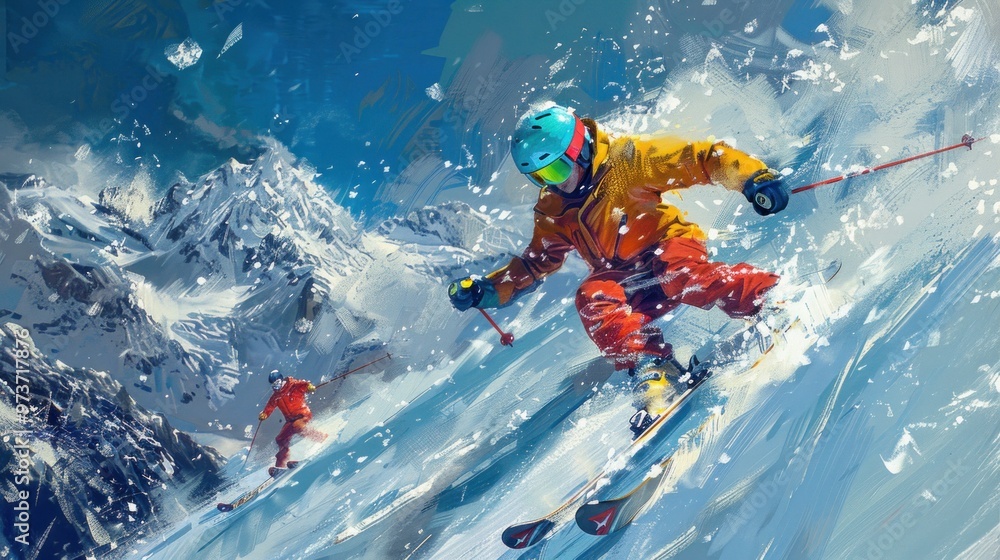 Skier in action on a sunny snow mountain slope AI generated image Skier in action on a sunny snow mountain slope AI generated image