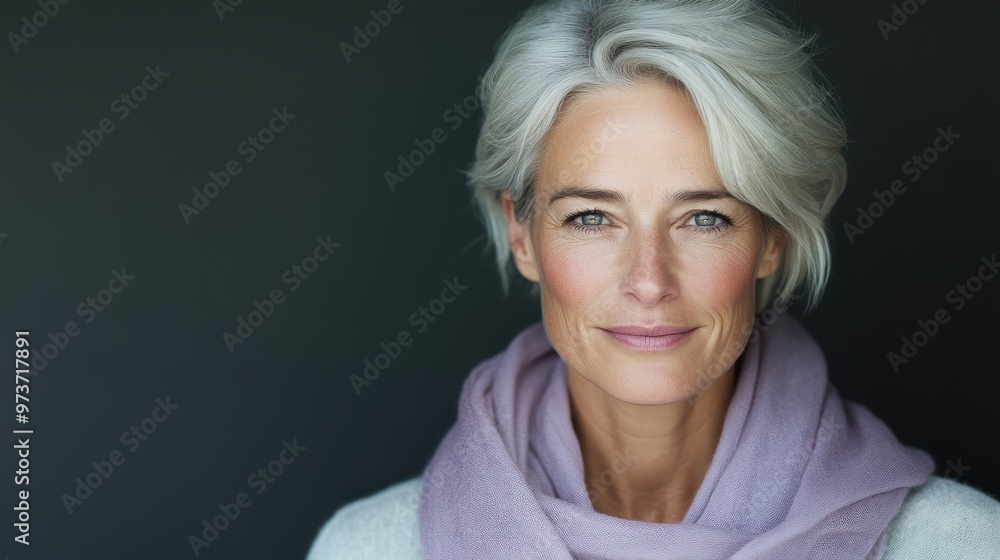 Confident Middle-Aged Woman Raising Eyebrow in Lavender Scarf â€“ Empowerment and Elegance Concept