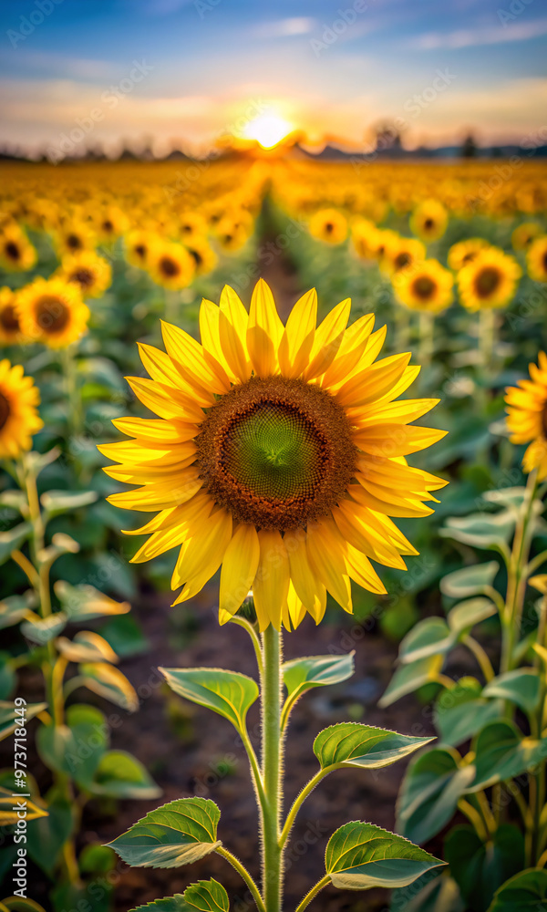 Fototapeta premium sunflower field in summersunflower, flower, field, nature, yellow, summer, plant, agriculture, sun, sunflowers, sky, green, bright, beauty, flowers, blue, petal, beautiful, blossom, flora, leaf, flora