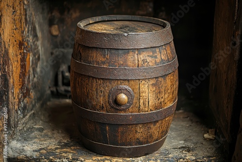 A weathered wooden barrel with metal bands sits in a shadowy alcove.