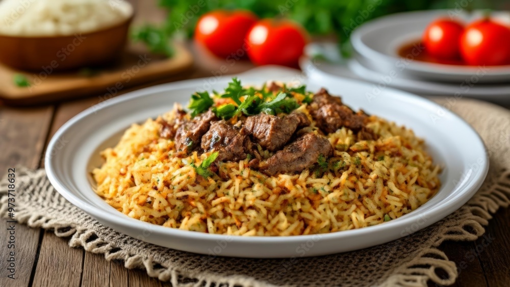 Deliciously seasoned rice and meat dish ready to be savored Deliciously seasoned rice and meat dish ready to be savored