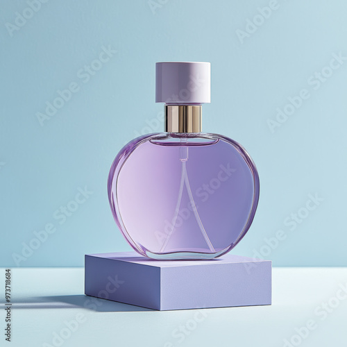 Minimalist pastel violet bottle and box with clean lines create serene atmosphere