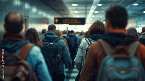 Crowded Airport Terminal - Travelers With Luggage, A bustling airport terminal filled with travelers carrying backpacks and suitcases, waiting for flights.