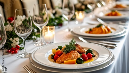  Elegant table setting with gourmet meal and wine glasses