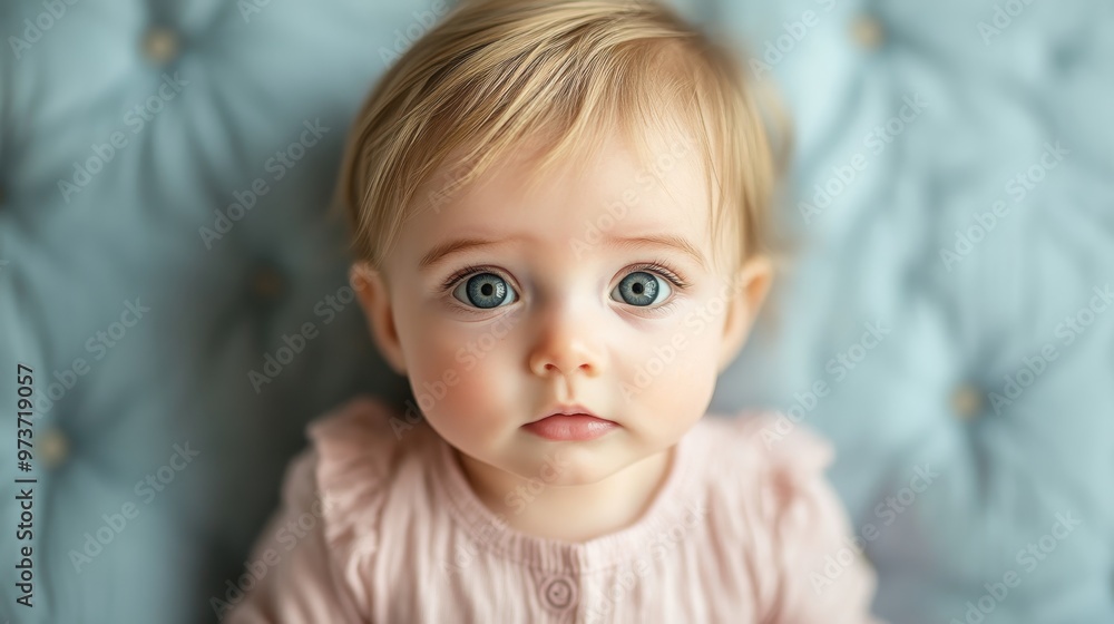 Curious Baby in Pink Romper with Raised Eyebrow Close-up Portrait Curious Baby in Pink Romper with Raised Eyebrow Close-up Portrait