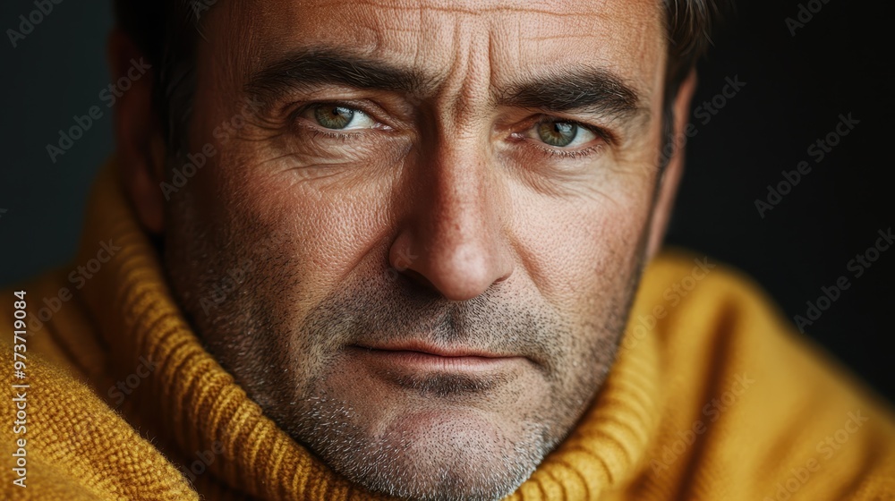 Fototapeta premium Expressive Close-Up Portrait of Middle-Aged Man with Exaggerated Frown in Pale Yellow Turtleneck Sweater