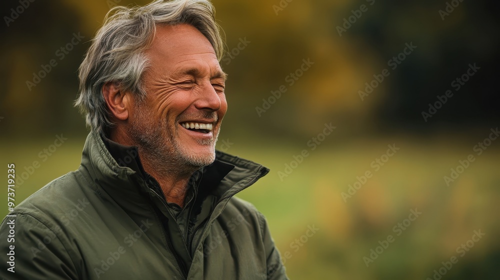 Joyful Middle-Aged Man in Sage Green Jacket Laughing with Eyes Closed Joyful Middle-Aged Man in Sage Green Jacket Laughing with Eyes Closed