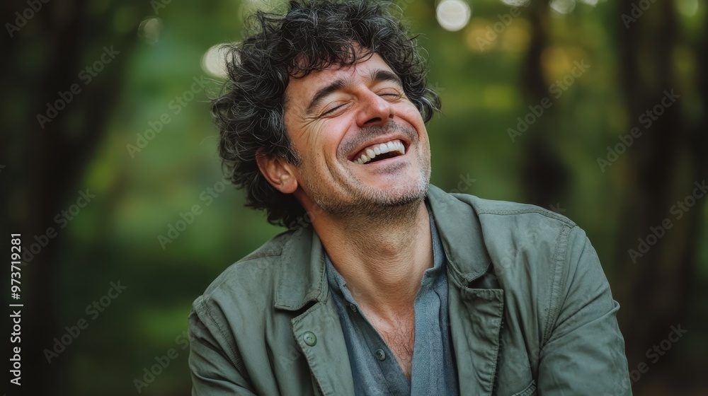 Serene Middle-Aged Man Laughing with Eyes Closed in Sage Green Jacket Serene Middle-Aged Man Laughing with Eyes Closed in Sage Green Jacket