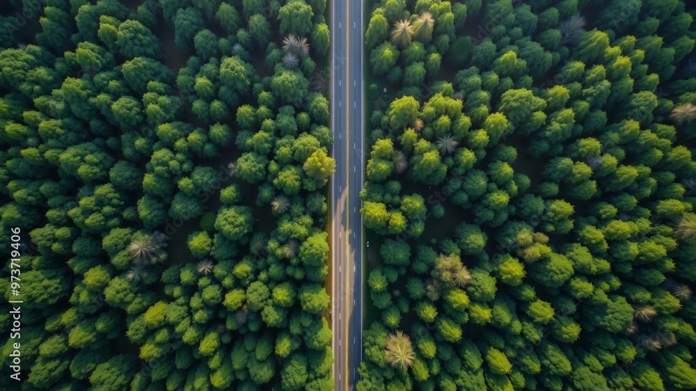 Tranquil Forest Roadway , Aerial view of a paved road winding through a dense, evergreen forest. Two lanes of trees line the road, creating a symmetrical and peaceful scene. Ideal for nature, travel. Tranquil Forest Roadway , Aerial view of a paved road winding through a dense, evergreen forest. Two lanes of trees line the road, creating a symmetrical and peaceful scene. Ideal for nature, travel.
