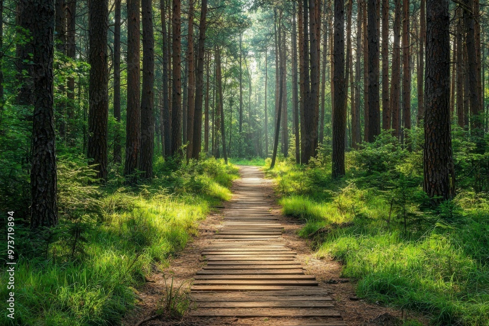 Fototapeta premium A Sunlit Path Through A Dense Forest Of Tall Trees