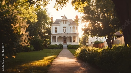 Elegant Victorian Mansion Surrounded by Lush Greenery.