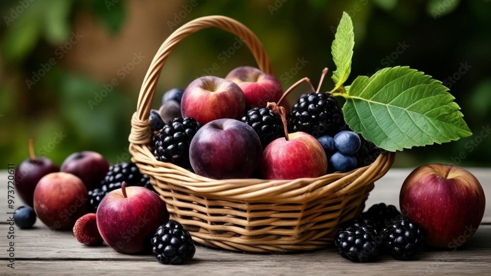 Fresh harvest of apples and berries in a woven basket Fresh harvest of apples and berries in a woven basket