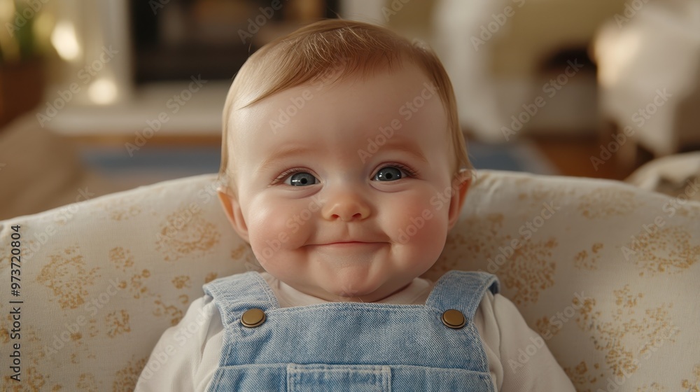 Adorable Baby in Powder Blue Overalls Smiling with Squinted Eyes Adorable Baby in Powder Blue Overalls Smiling with Squinted Eyes