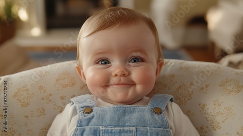 Adorable Baby in Powder Blue Overalls Smiling with Squinted Eyes photo