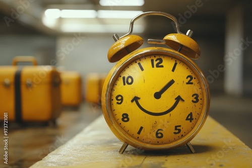 A yellow alarm clock with a smiling face on it photo