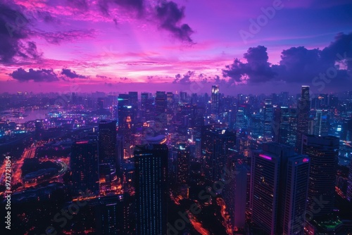 City Skyline with Purple Twilight Sky and Glowing Lights