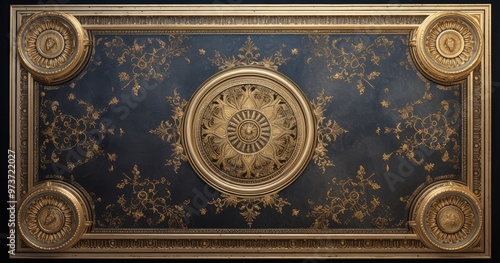 Ornate ceiling design featuring intricate patterns and a central circular motif, showcasing classical architectural elements.