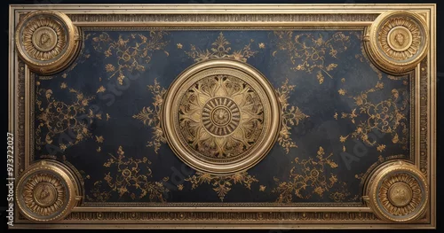 Obraz Ornate ceiling design featuring intricate patterns and a central circular motif, showcasing classical architectural elements.