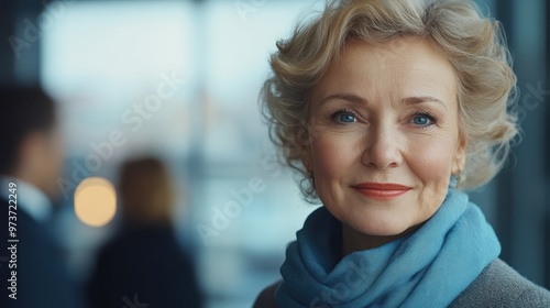 Wallpaper Mural Senior Businesswoman in Powder Blue Scarf Leading Corporate Merger Discussion with Professional Team in Office Setting Torontodigital.ca