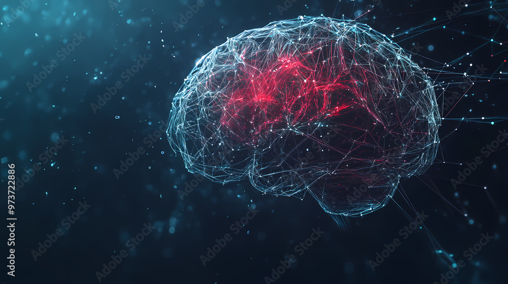 A conceptual image of a networked digital brain, representing artificial intelligence and digital transformation, with space for text. Artificial Intelligence. Illustration A conceptual image of a networked digital brain, representing artificial intelligence and digital transformation, with space for text. Artificial Intelligence. Illustration