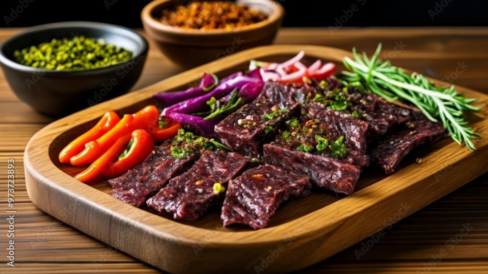 Deliciously seasoned meat skewers with vibrant toppings Deliciously seasoned meat skewers with vibrant toppings