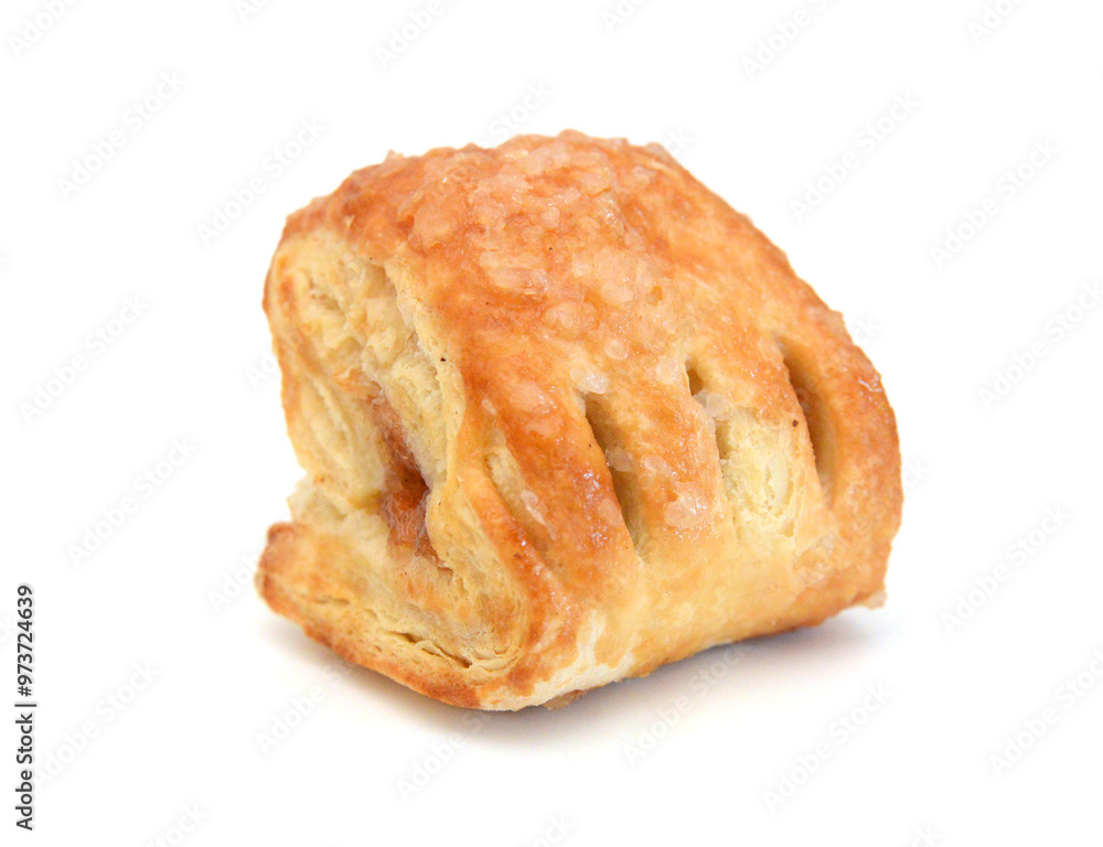 Sweet braided puff pastry isolated or pate feuilletee on white background top view. Fresh phyllo pastry with jam inside close up - Image Sweet braided puff pastry isolated or pate feuilletee on white background top view. Fresh phyllo pastry with jam inside close up - Image