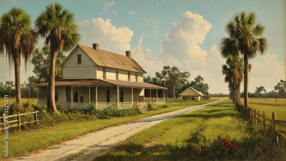  Idyllic rural home with palm trees and a dirt road