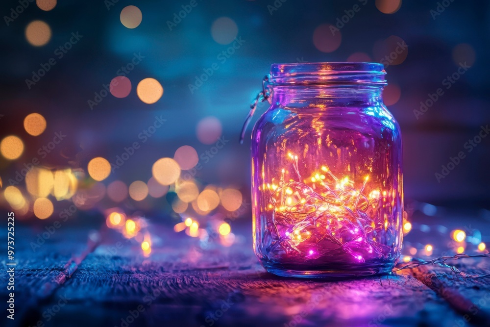 A Glass Jar Filled with Twinkling Fairy Lights on a Wooden Surface with a Bokeh Background A Glass Jar Filled with Twinkling Fairy Lights on a Wooden Surface with a Bokeh Background