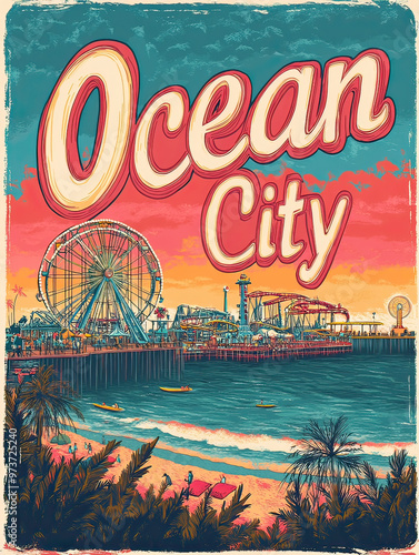 Wallpaper Mural Ocean City vintage travel poster featuring a coastal amusement park and beach roller coaster. Useful for Maryland or New Jersey Torontodigital.ca