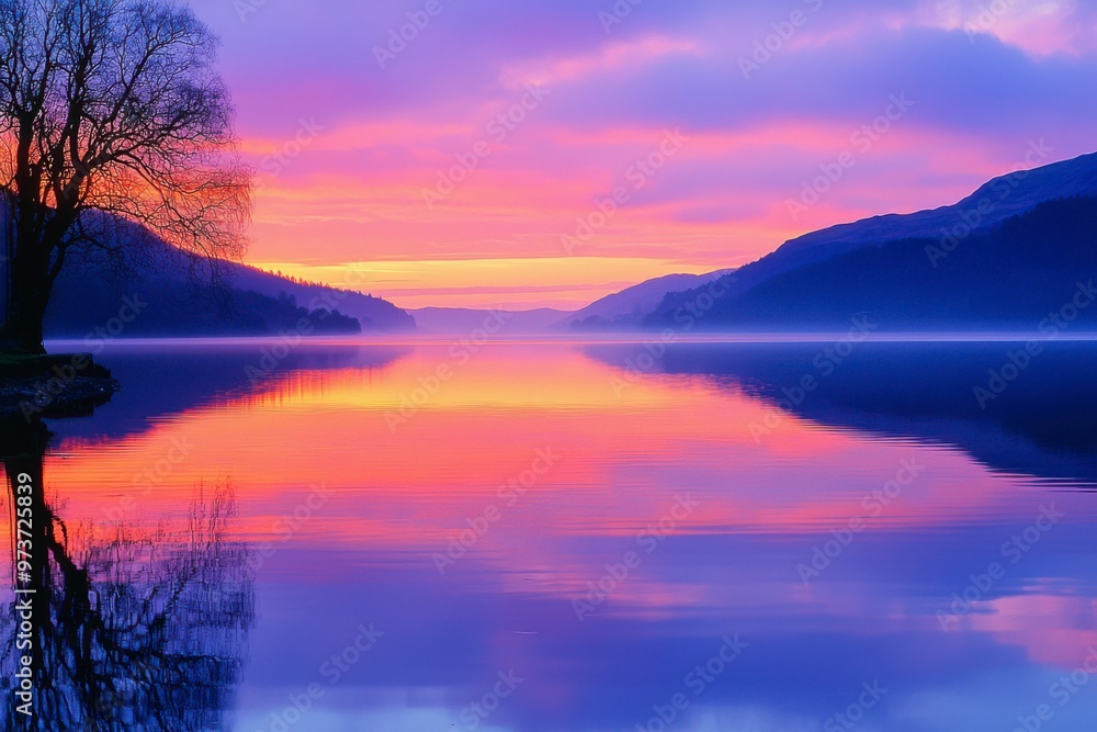 Fototapeta premium Serene Lake Reflecting a Colorful Sunset Over Mountains