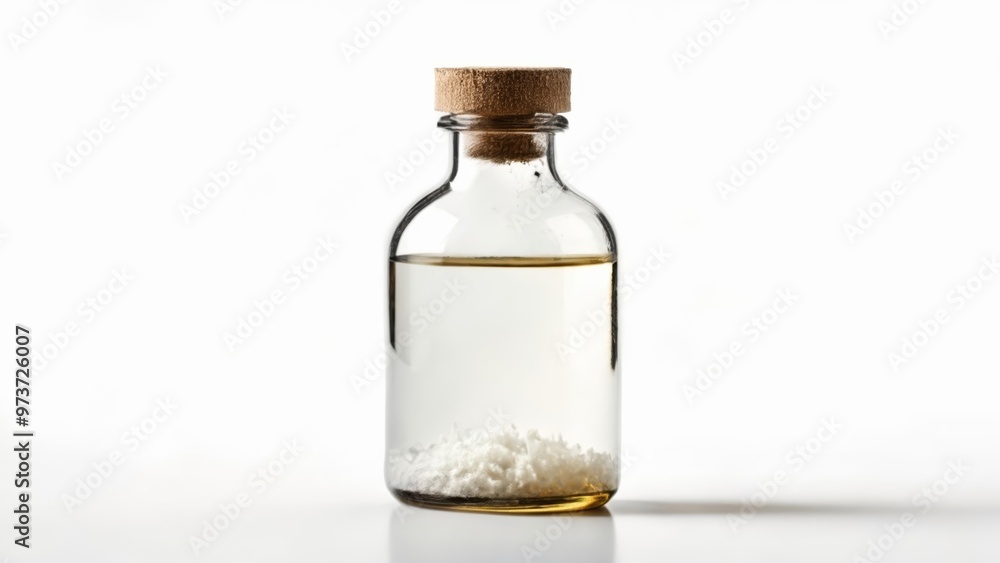 Empty glass bottle with cork and a small amount of white substance inside Empty glass bottle with cork and a small amount of white substance inside