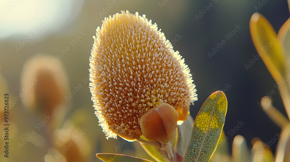 Close-up of a blooming Banksia flower, highlighting its unique structure and rich texture against a natural backdrop Close-up of a blooming Banksia flower, highlighting its unique structure and rich texture against a natural backdrop