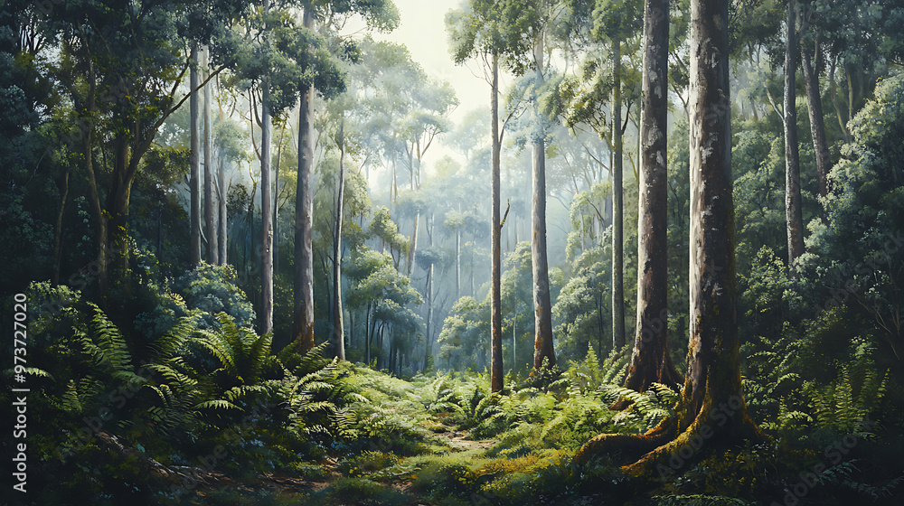 Fototapeta premium A lush Australian rainforest scene with tall eucalyptus trees and dense undergrowth, illustrating the diverse flora 