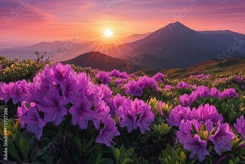 Purple Flowers Blooming in the Sunset Light on a Mountainside