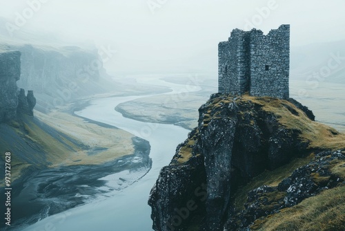 Ruined Stone Tower Perched on Cliff Overlooking River in Misty Landscape photo