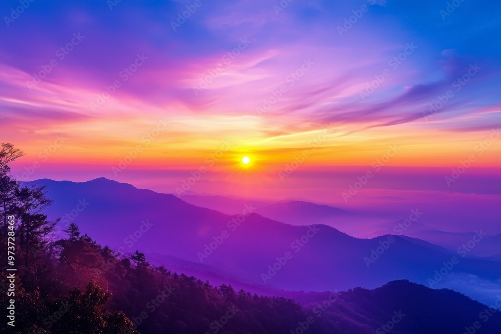 Fototapeta premium Mountainous Landscape with a Vibrant Sunset Sky