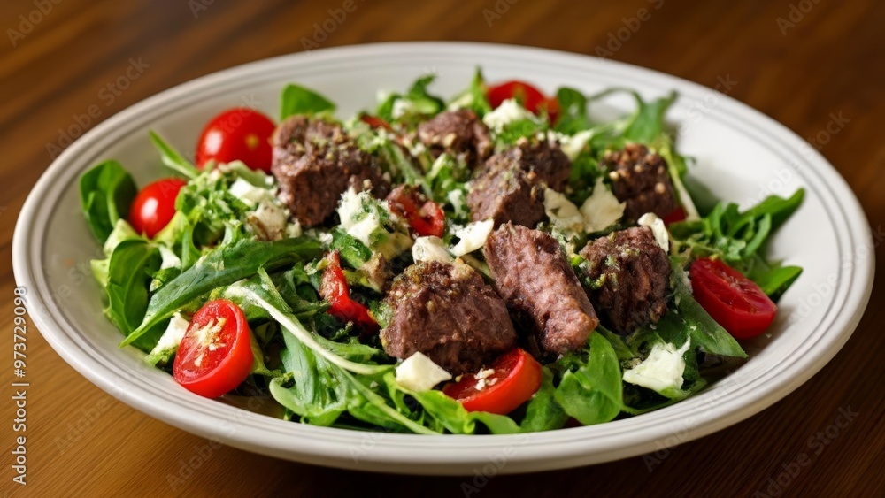 Deliciously balanced meal with fresh greens juicy tomatoes and succulent meat Deliciously balanced meal with fresh greens juicy tomatoes and succulent meat