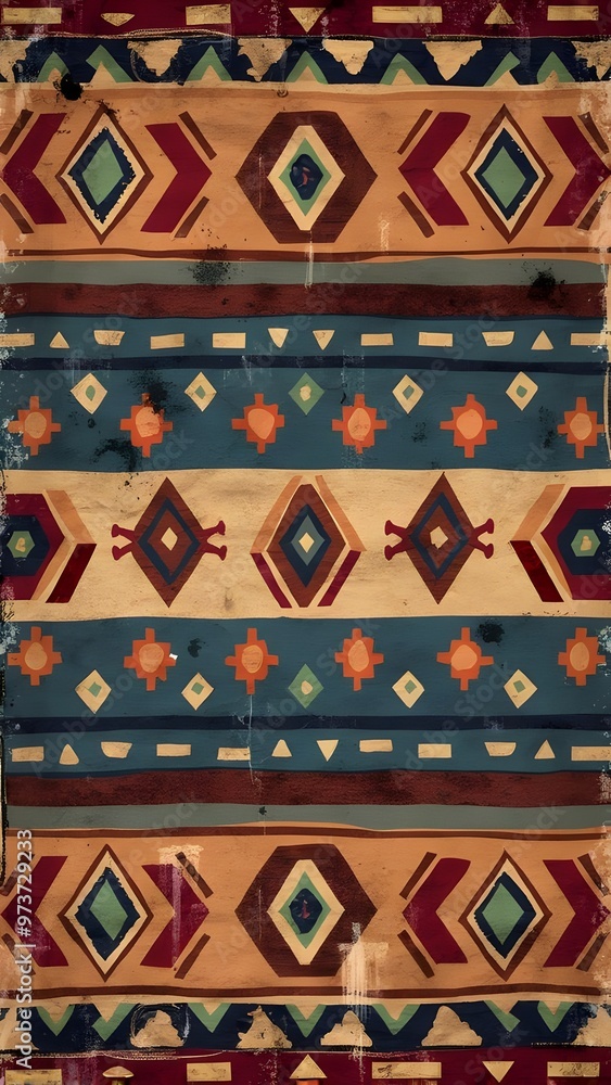 Colorful tribal pattern with geometric shapes set against a vintage background in warm earthy tones. Generative AI Colorful tribal pattern with geometric shapes set against a vintage background in warm earthy tones. Generative AI