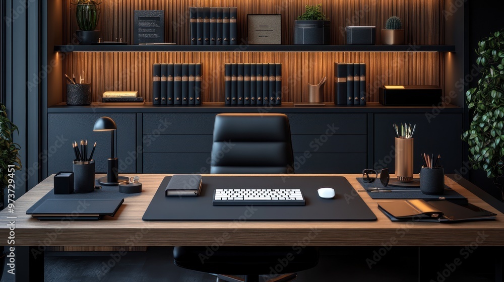 Modern office workspace with sleek furniture and organized decor. Modern office workspace with sleek furniture and organized decor.