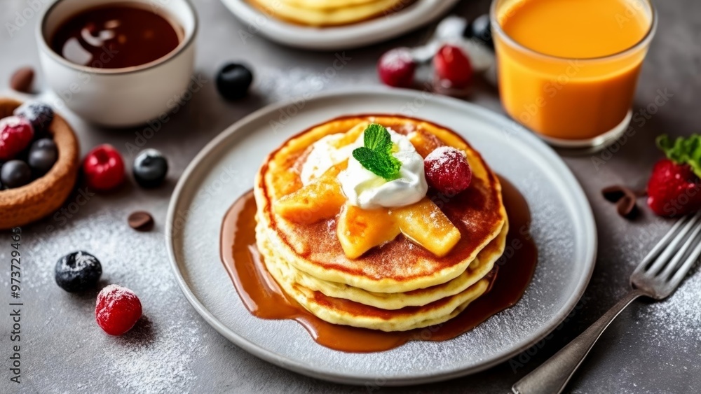 Deliciously stacked pancakes with a side of fresh fruit and syrup Deliciously stacked pancakes with a side of fresh fruit and syrup
