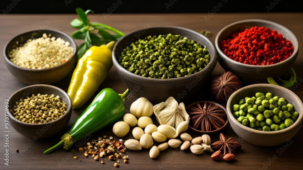 A vibrant array of spices and herbs ready to enhance any dish A vibrant array of spices and herbs ready to enhance any dish