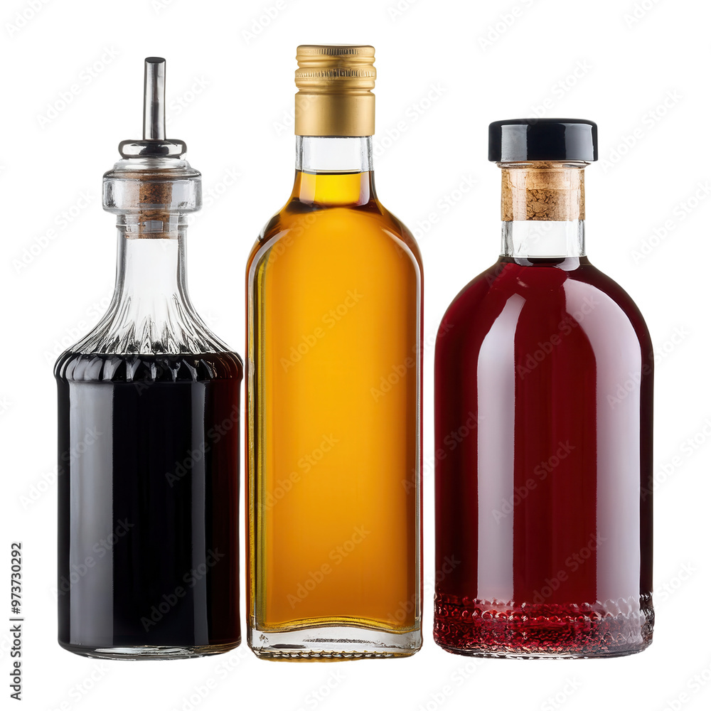 A collection of three elegant bottles filled with various liquids isolated on a white background, transparent background. A collection of three elegant bottles filled with various liquids isolated on a white background, transparent background.
