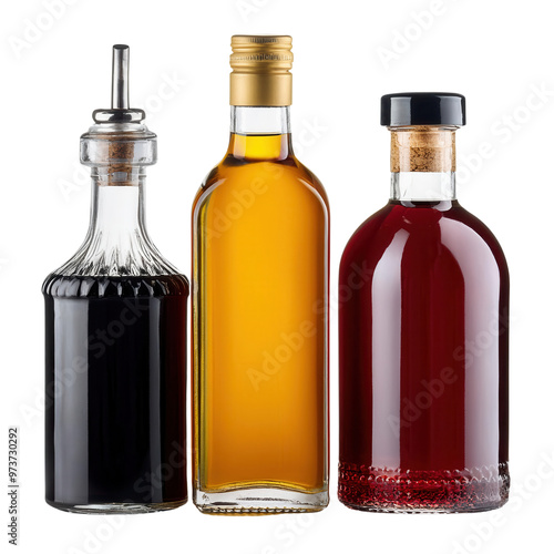 A collection of three elegant bottles filled with various liquids isolated on a white background, transparent background.