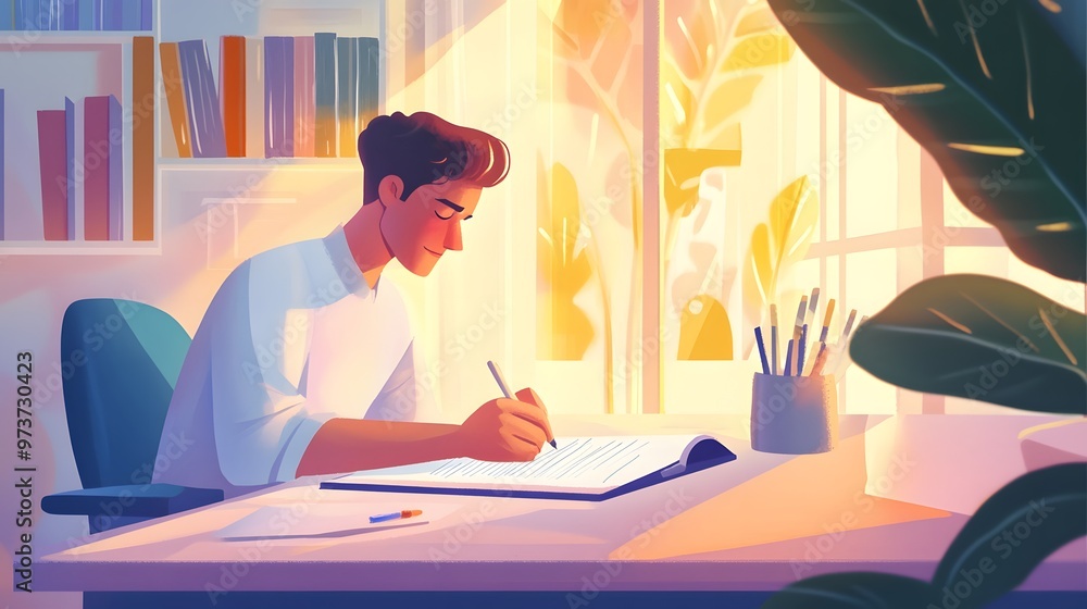 A young man writing at a desk by a window with sunlight streaming in A young man writing at a desk by a window with sunlight streaming in