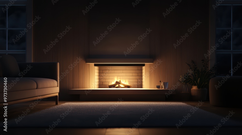 Cozy Modern Living Room with Minimalist Fireplace and Warm Ambient Lighting in the Evening Cozy Modern Living Room with Minimalist Fireplace and Warm Ambient Lighting in the Evening