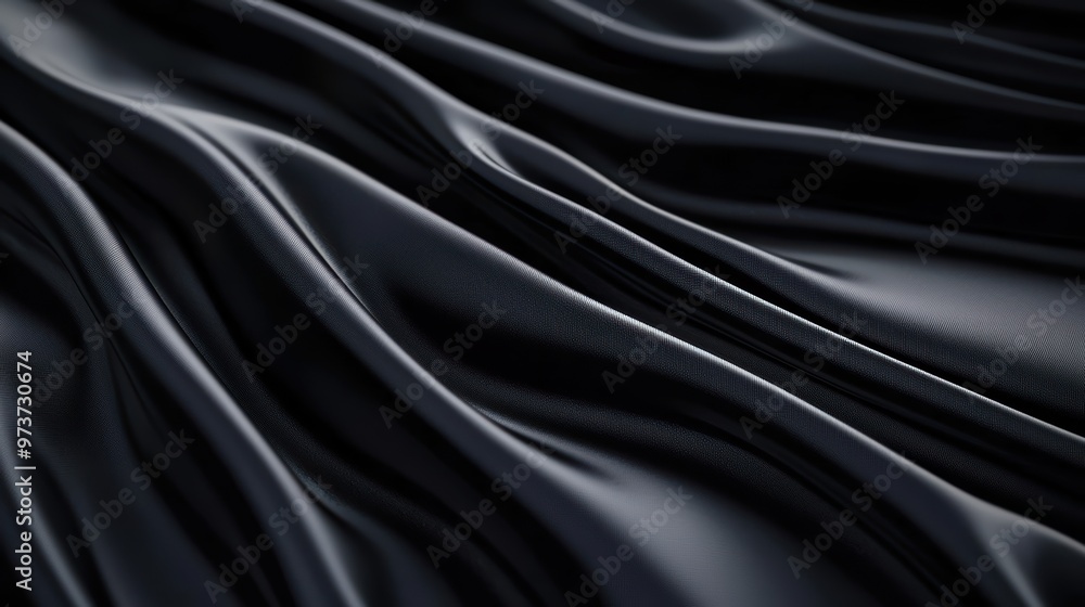 Luxurious Black Silk Fabric with Elegant Waves and Smooth Texture in Close-Up View Luxurious Black Silk Fabric with Elegant Waves and Smooth Texture in Close-Up View
