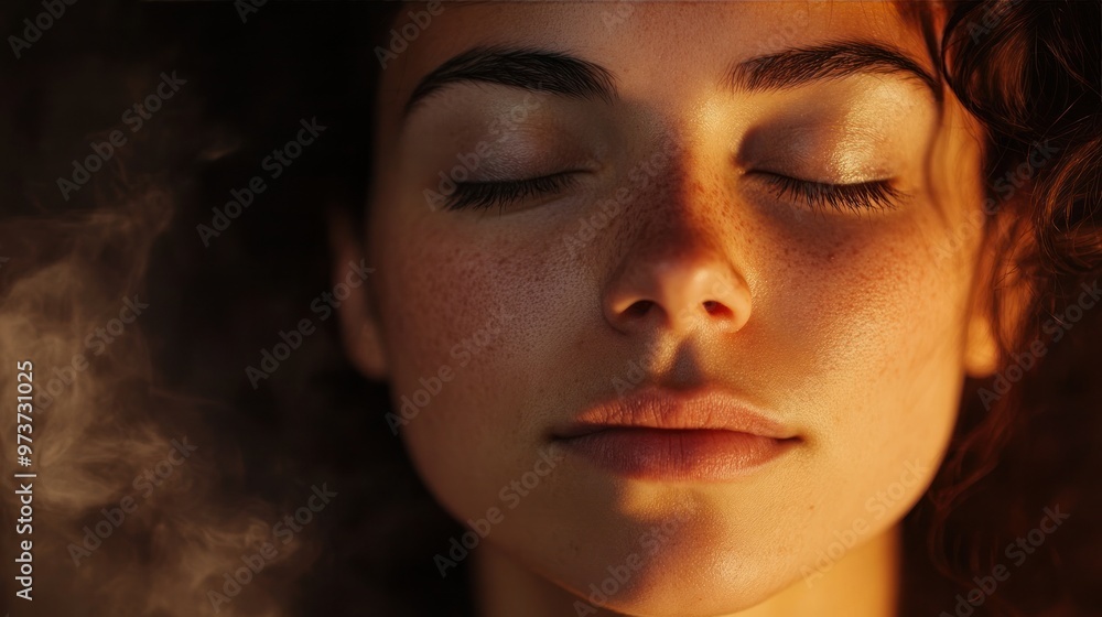 A close-up of a woman face with closed eyes, deep in meditation, with soft ambient lighting A close-up of a woman face with closed eyes, deep in meditation, with soft ambient lighting
