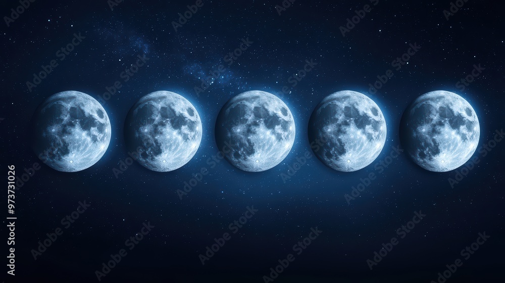 Phases of the Moon in a Starry Night Sky - Five Full Moons in a Row Depicting Lunar Cycle Phases of the Moon in a Starry Night Sky - Five Full Moons in a Row Depicting Lunar Cycle